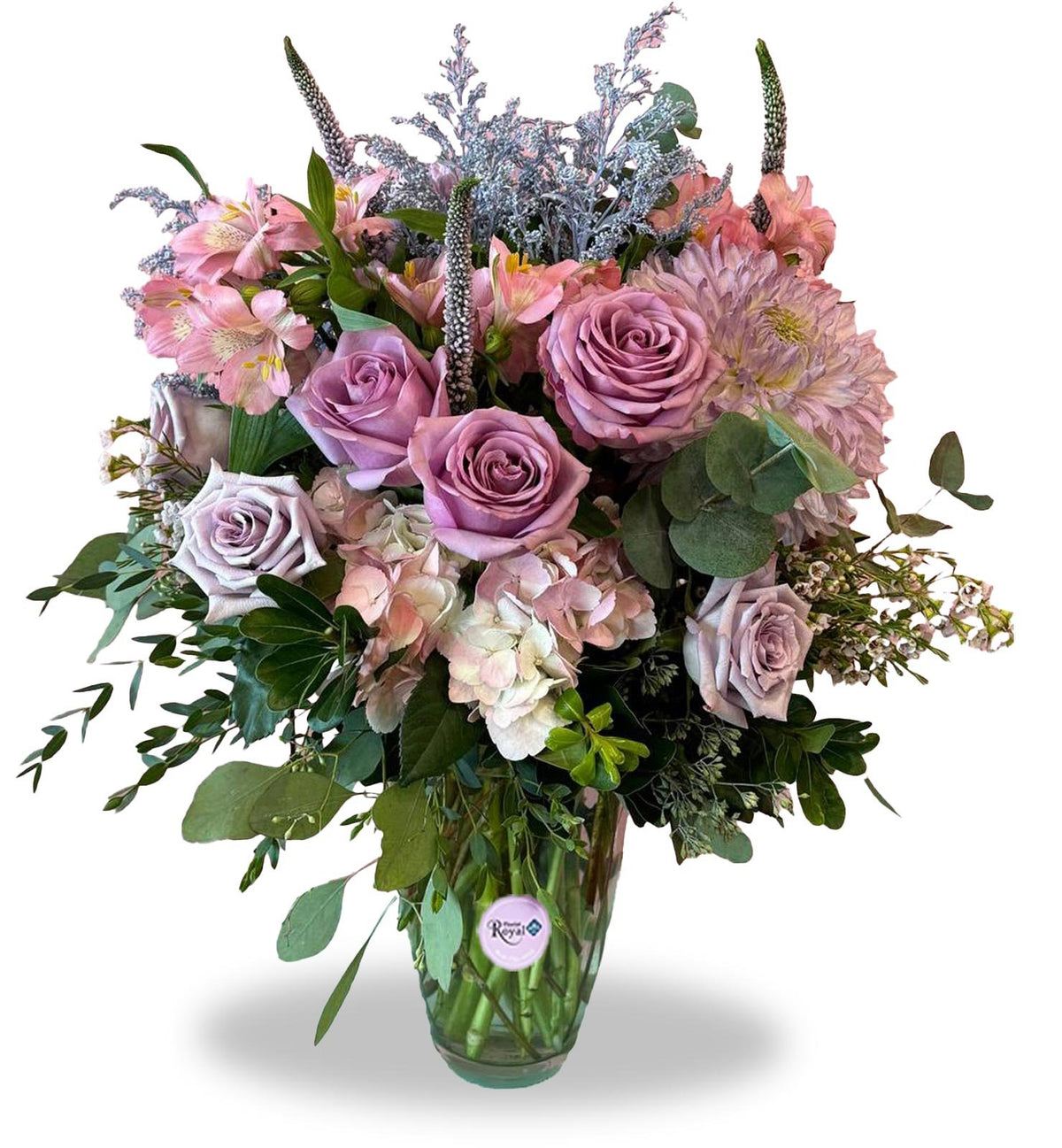 Timeless Beauty Bouquet with lavender roses, pink hydrangea, alstroemeria, and blue fillers — fresh flowers delivered in York Region.